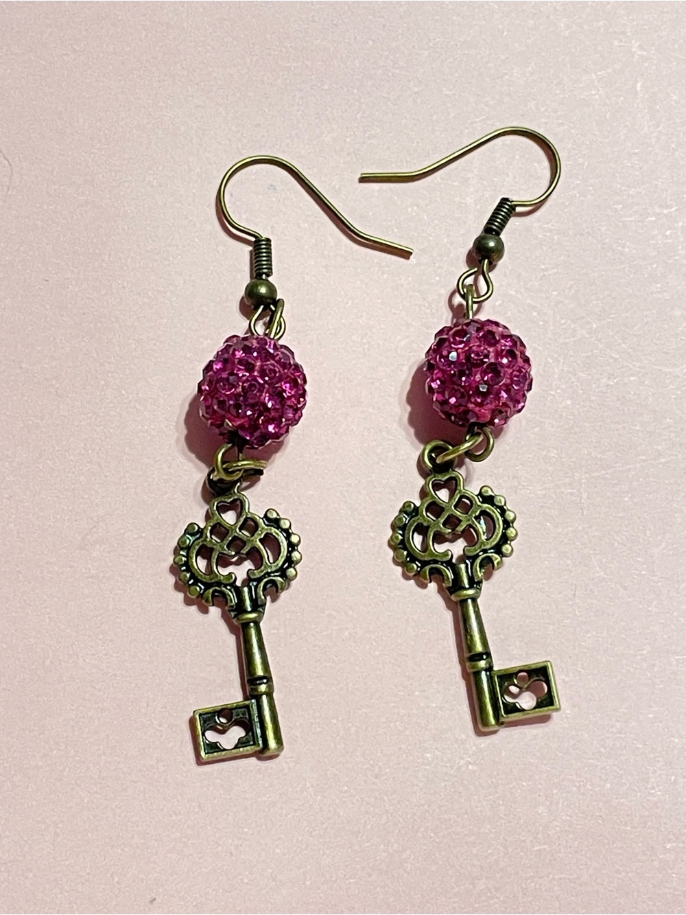 Pink Rhinestone Ball Pierced Key Earrings #9959